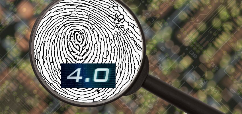 Magnifying glass focused on a fingerprint, with 4.0 on it