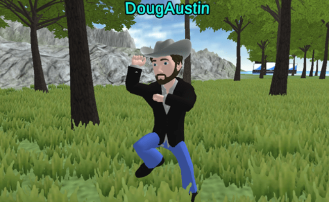 Doug Austin of eDiscovery Today's avatar dancing in the forest on the EDRM campus.