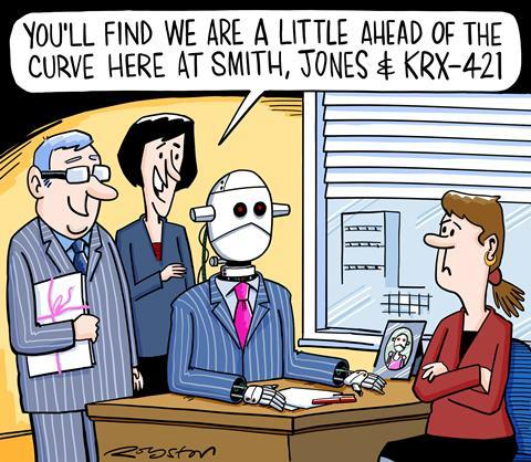 Robot in suit at desk with office people around.  Lady says, "You'll find we are a little ahead of the curve here at Smith, Jones and KRX-421.