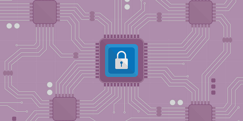 Mauve circuitboard pattern with a white padlock in the chip area