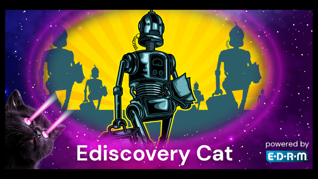 Robot Lawyer with briefcawe and documents, with 4 others in the background, with eDIscovery Cat laser eyes