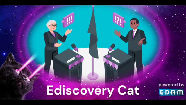 eDiscovery Cat Laser eyed cat with woman and man at podiums arguing