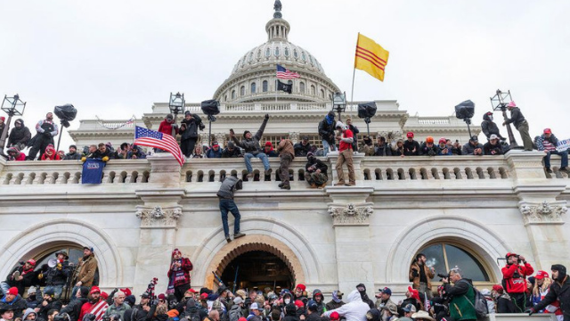 Picture of January 6, 2021 at Washington, DC capital, with demonstrators, flags crowded outside the building