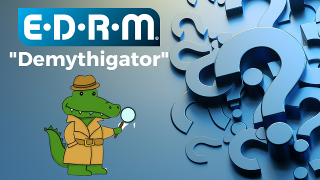 EDRM Demythigator logo, alligator in trenchcoat and magnifying glass