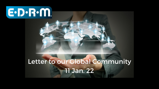 EDRM Letter to our global community 11 Jan 22, a hand holding a map of the world with electronic connections