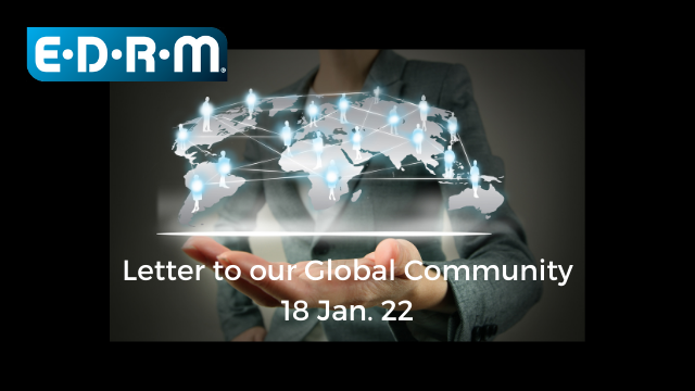 EDRM Letter to our Global Community 18 Jan 22, the world with notes illuminated and connected with a hand underneath supporting