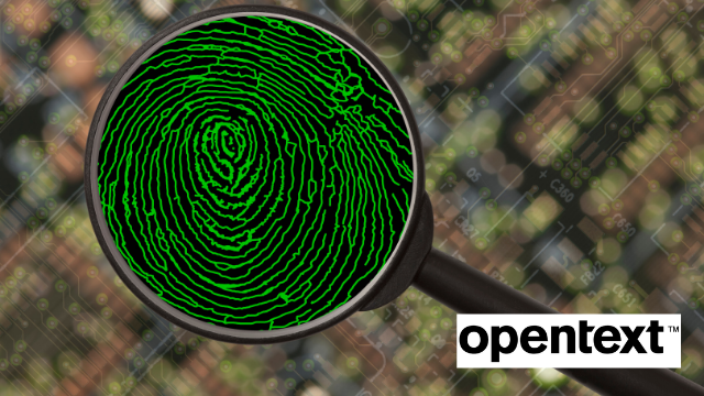 Magnifying glass with fingerprint enlarged, with Opentext logo