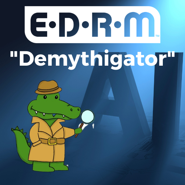 EDRM Demythigator, alligator in a trenchcoat, with magnifying glass, with AI in the background