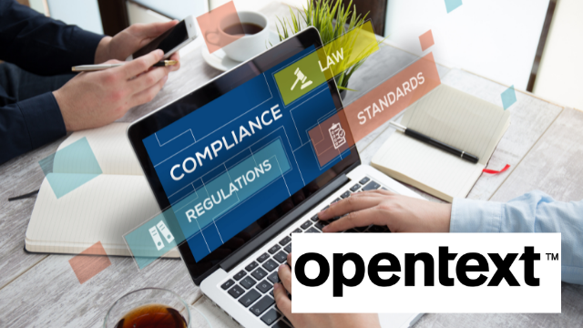 Laptop wiith words like compliance & regulations, opentext