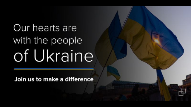 Our hearts are with the people of Ukraine, Join us tot make a difference.  With a Ukraainian blue aand yellow flag and Relativitty logo.