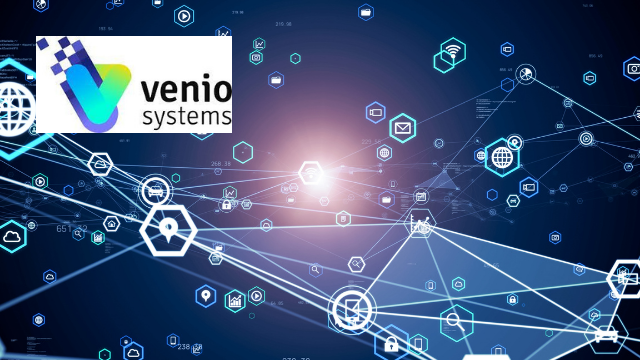 Venio Systems logo in a digital web of communications