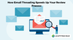 How email threading speeds up your review process: small person with large magnifyiing glass looking at an envelope representing email(s)