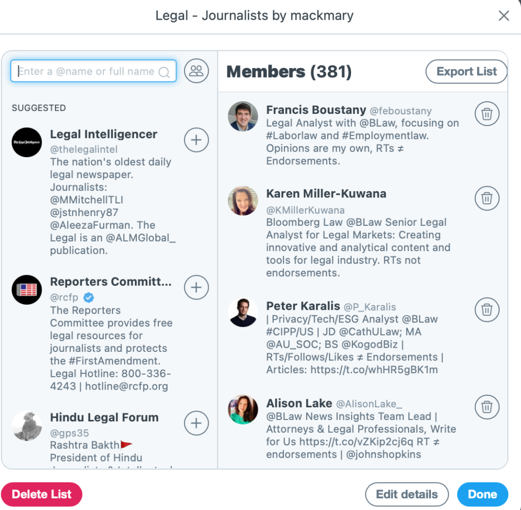 Tweetdeck list of @handles in legal journalist column