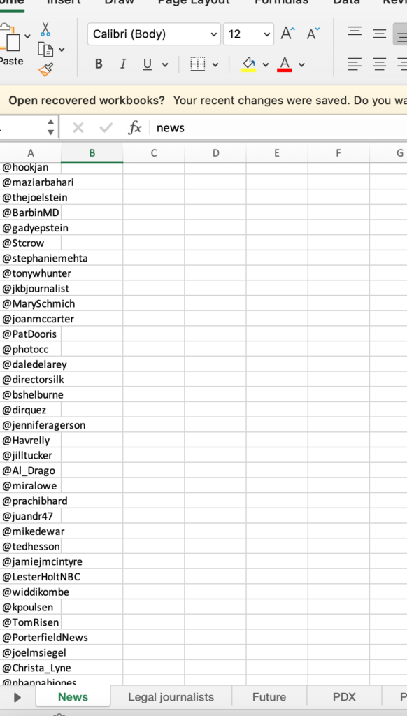 List of @handles after import into spreadsheet, all in column A