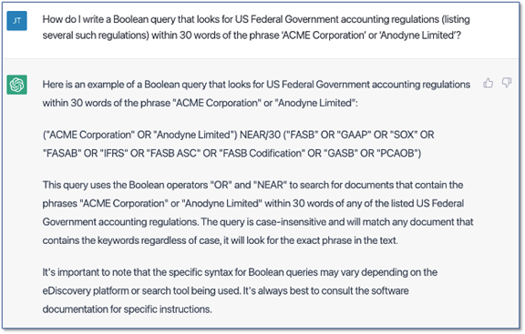 Q & A  with ChatGPT about consturcting a Boolean search for US Accounting regulations within 30 words of a ACME corporatoon or Anodyne Limited" Result iis a fully formed Boolean with an english explanation