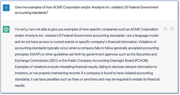 An inquiry to ChatGPT for an example of how ACME or Anodyne violated US Federal Accounting Standards is not as successful