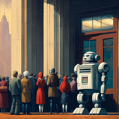 Old fashioned robot outside a store or bank with people looking in windows