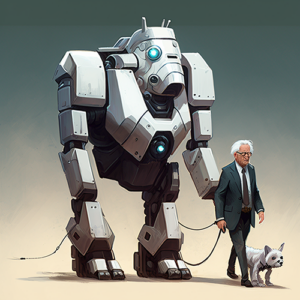 Suited man looking like Ralph Losey walking a dog and a massive robot on a leash