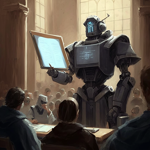 Tall segmented robot looking at a huge tablet looking like a giant kindle talking to people