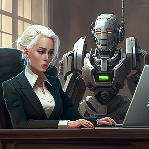Tired looking business woman typing on laptop with Robot looking on