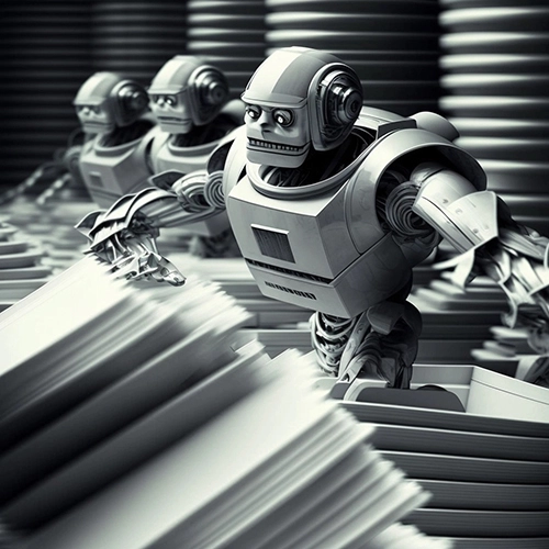 Three robots in a row with stacks of what look like folders