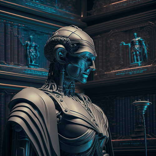 Cyborg looking like an old Roman senator very pensive, in armor