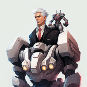 Man in a business suit with robot torso and robot behind him