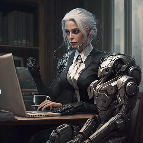 Female attorney in business suit typing on computer with smaller robot beside her [I should ask Ralph to put his generative prompts directly into the alt text.]