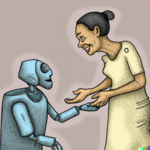 robot on knee, talking with woman, holding her hand