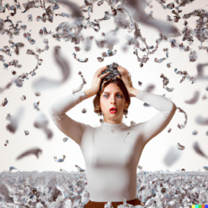 Woman dressed in white holding head like a headache with white birds flying around her head