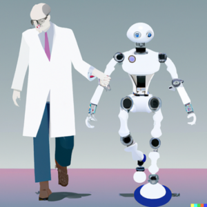 White coated doctor with hand on arm of white robot