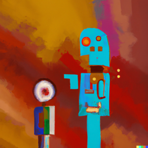 Abstract tall robot talking to a shorter machine