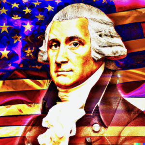George Washington in front of an American flag