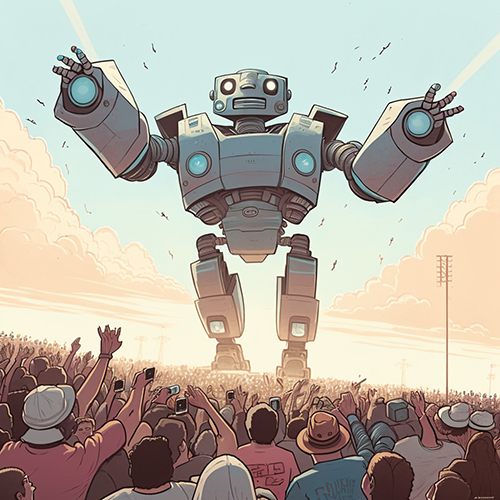 King Kong sized robot with huge crowd of small people in comparison