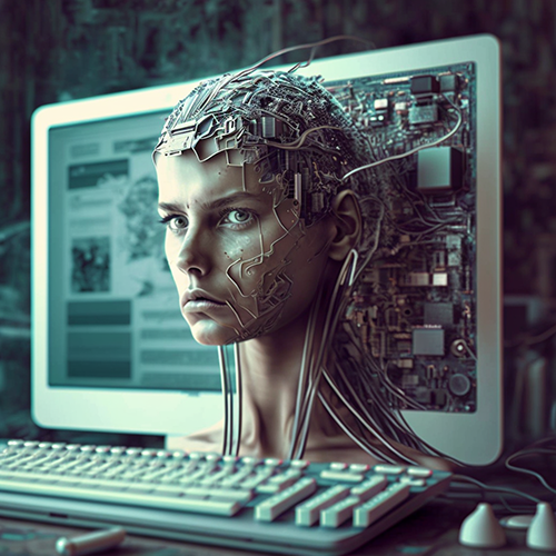 Cyborg woman emerging from laptop screen