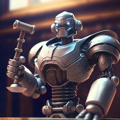 Big muscular robot with gavel