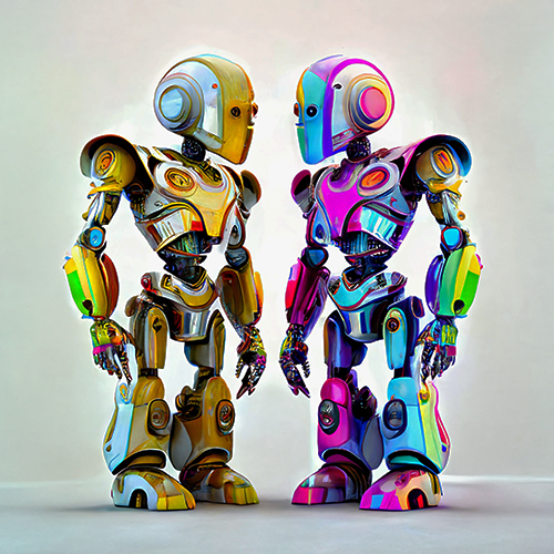 Dos robots de diferentes colores brillantes parados y mirándose el uno al otro