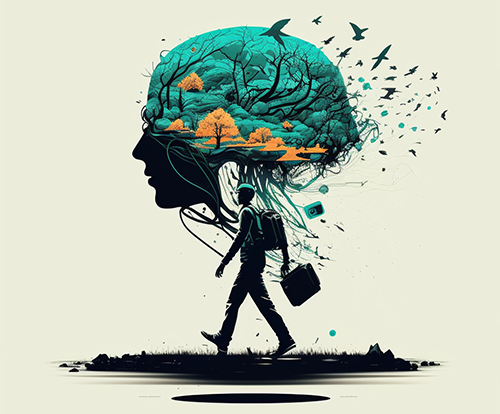 Man with briefcase walking with a giant brain above and connected to him leading like a helium filled balloon head