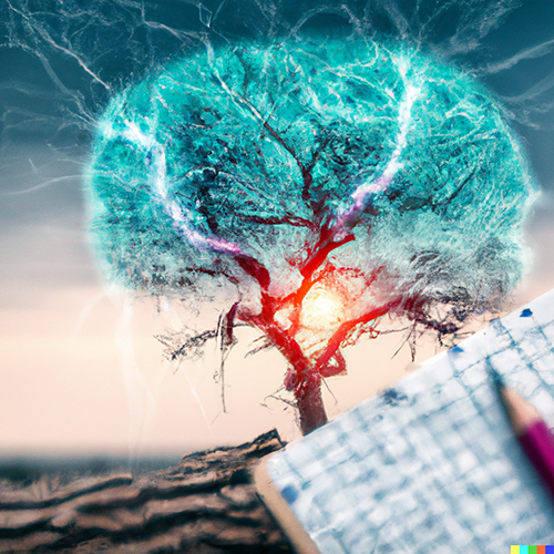 Tree with canopy looking like a brain being struck by lightning, graph paper with pencil in foreground.