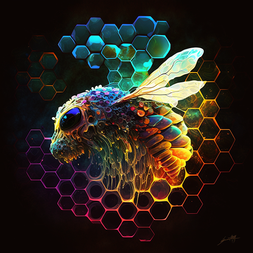 Round beehive with vibrant colors on a gradient, large colorful bee with big eye, and translucent wings in front of it