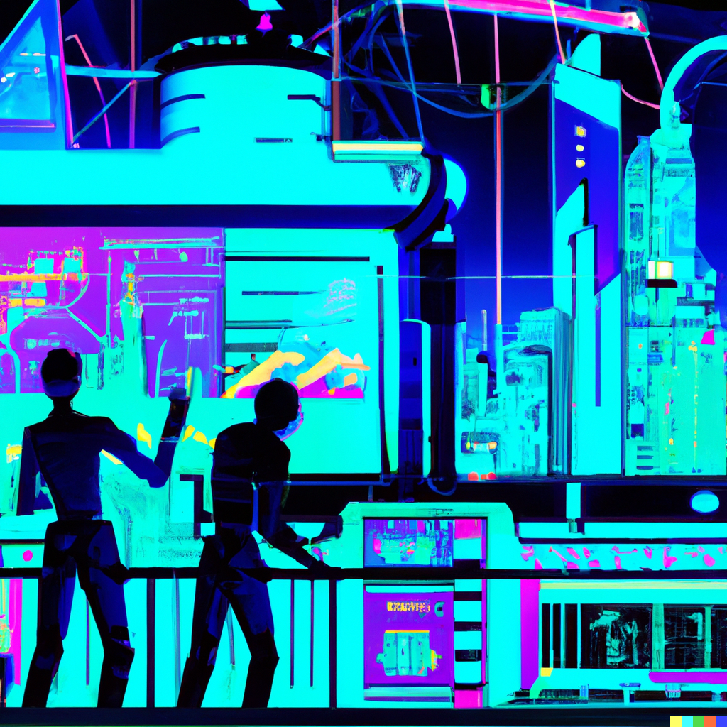 Two people at a railing overlooking a factory (abstract neon colors)