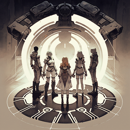 5 space people on deck of ship standing in a group.  Great use of light and shadow