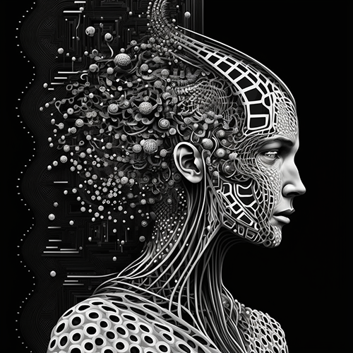 Woman with skin like mail armor, looking serious, with the back of her head looking like bubbles. Black and white image