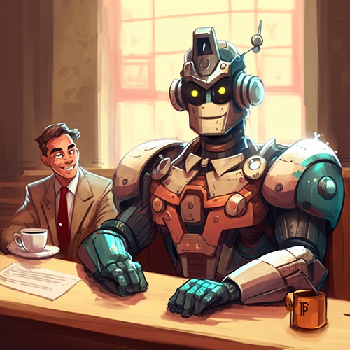 Man in a suit at a counter drinking coffee next to a giant happy looking robot, also with a cup of coffee