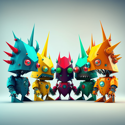 5 little robot creatures in different colors, protruding eyes, spiky head
