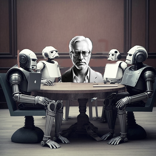 Sepia toned picture with table with four robotts sitting at it with Ralph Losey's head and shoulders in the center seat