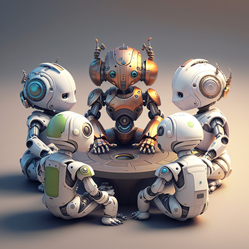 5 robot children sitting at round table, one with different color metal standing with hands on table to make a point