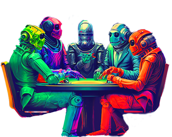 table with 5 spacemen or robots slightly leaning forward, sitting at it, pointing and discussing something in the center.