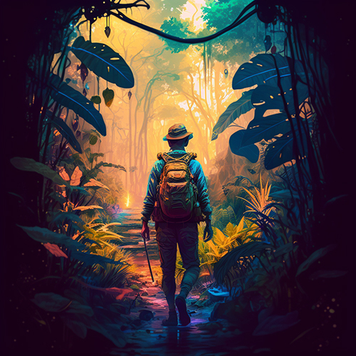 Man walking into jungle at dusk with machete, backpack, safari hat, light in the distance