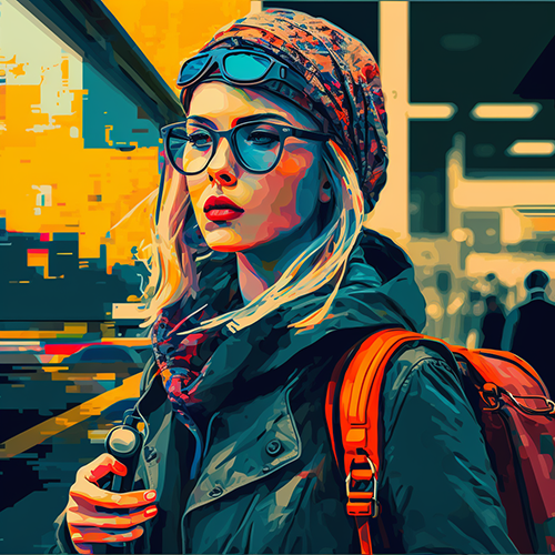 Woman with crossbody bag, leather jacket, bandana, glasses and goggles in city, crowd blurred in background